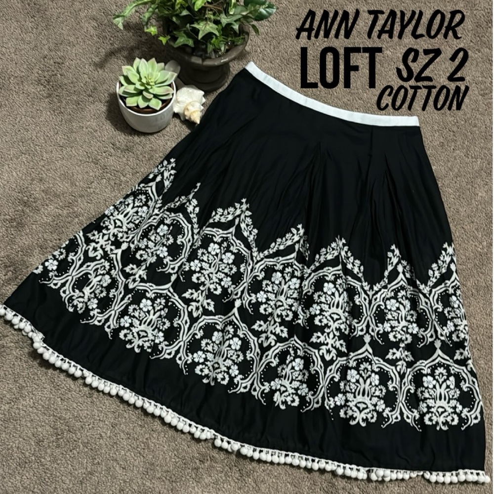 Ann Taylor Loft Swing Style Skirt-S-Cotton-Side Zip-Lined-Beaded/Tassel Detail